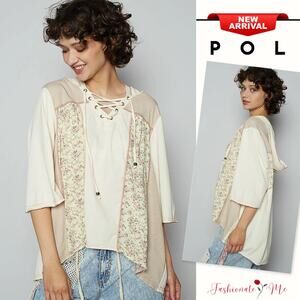 POL Lace-Up Vintage Floral Pattern Paisley Panel Details Hooded T-Shirt | Cream